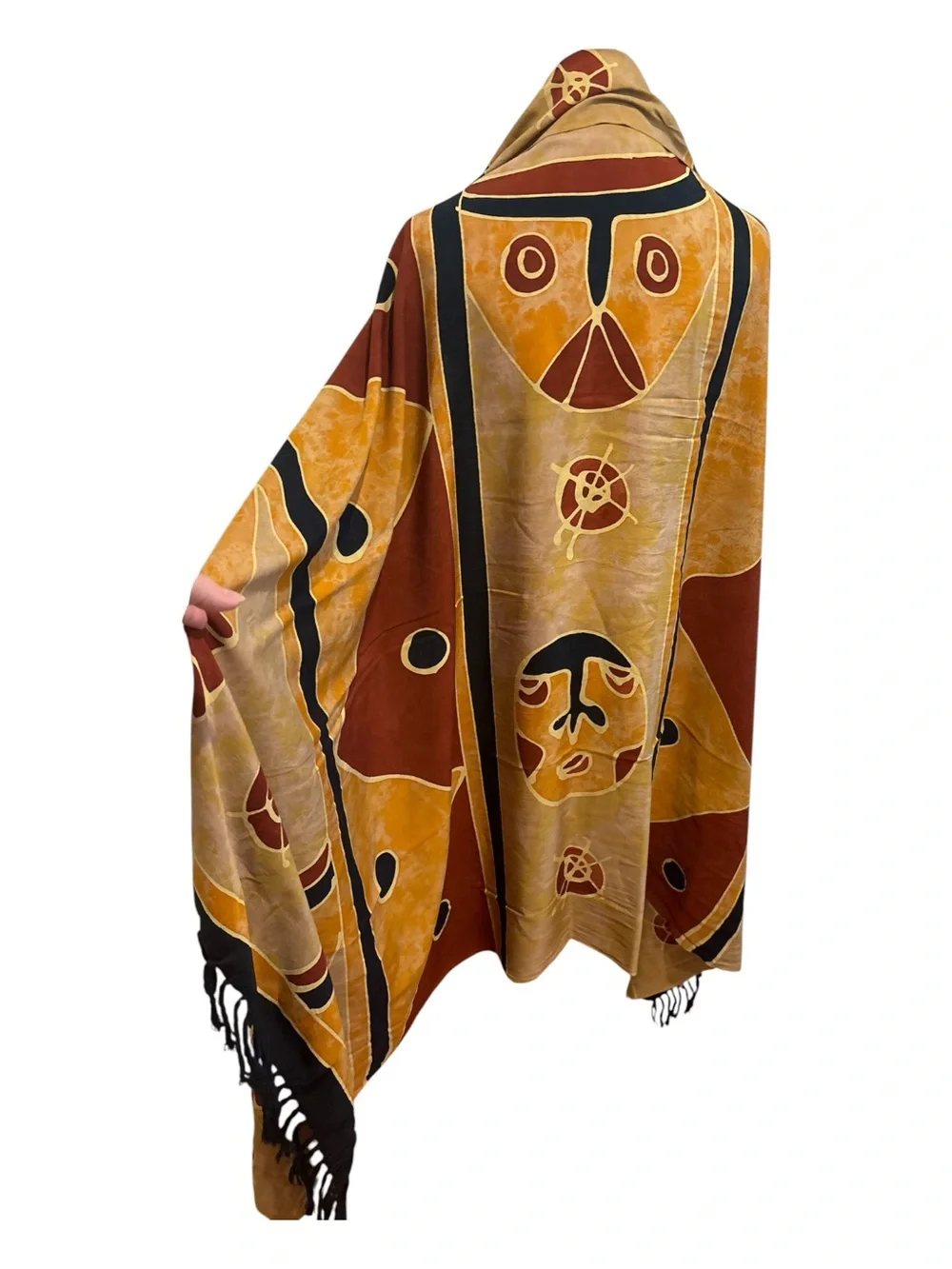 VTG AFRICAN BATIK MASK MOTIF COTTON SHAWL WALL HANGING HAND DYED CLOTH 44X60